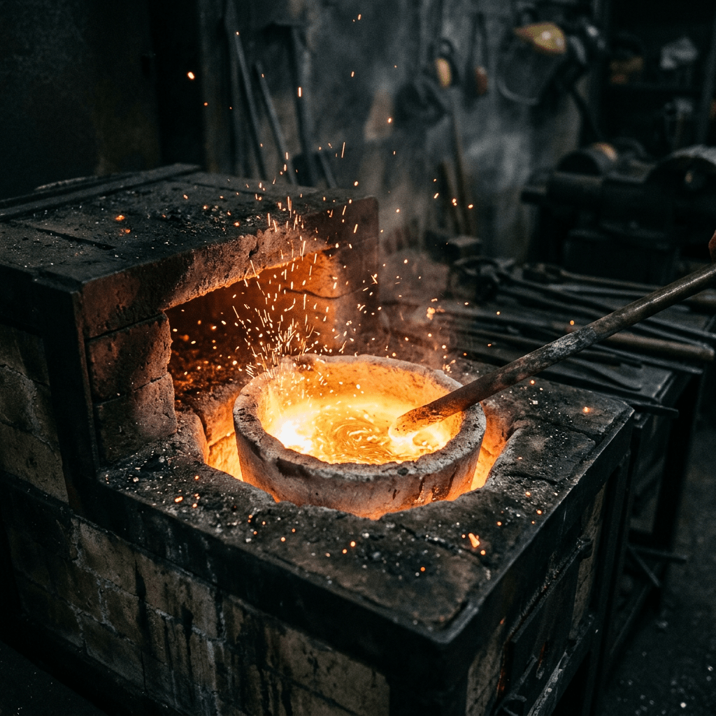 Molten metal glowing inside a furnace with sparks flying